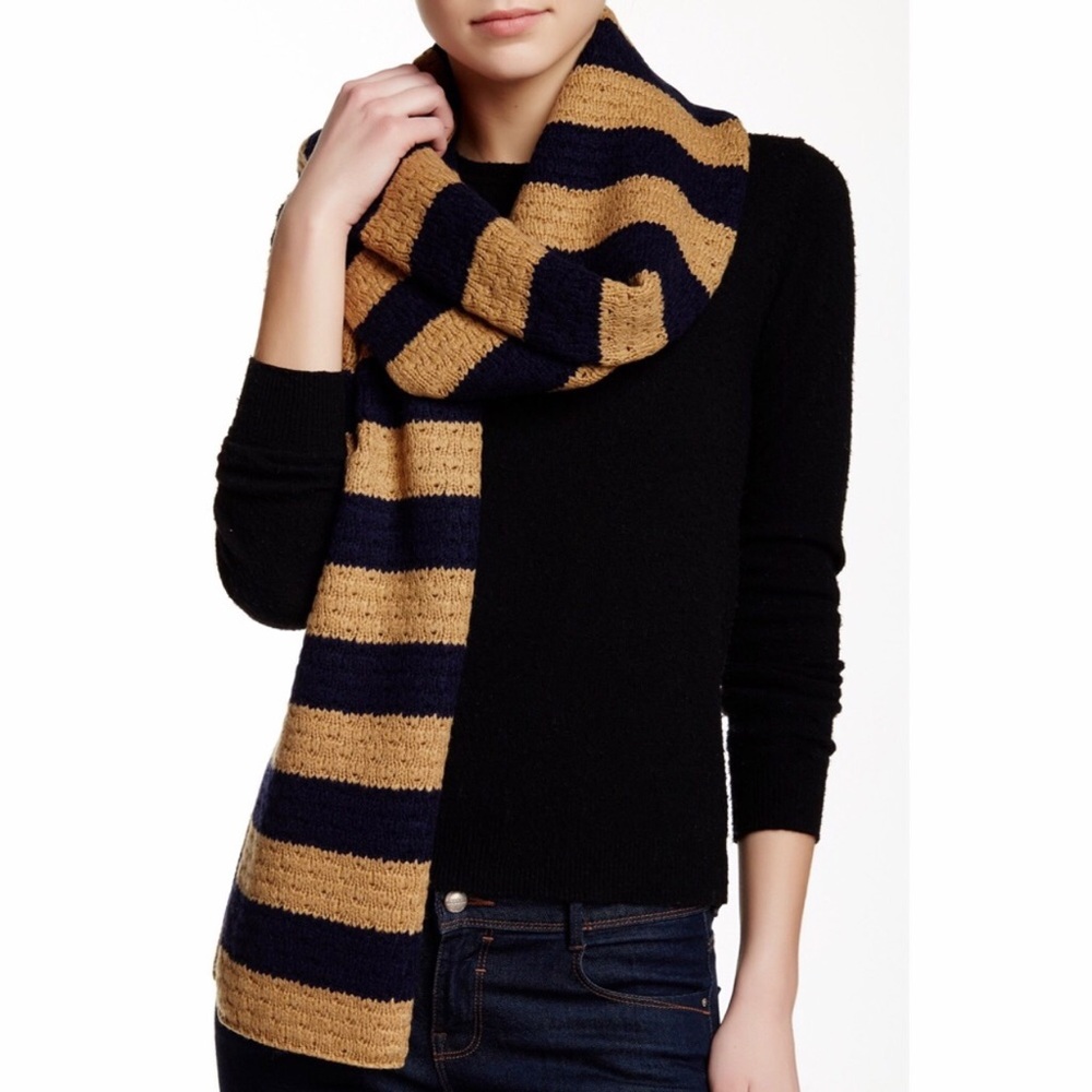 NWT J. Crew Factory Navy Blue & Camel/Tan Striped Rugby Wool Blend Scarf